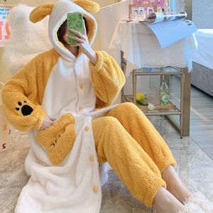 Vêtements de nuit pour femmes Cartoon Robe Set Kimono chaud Peignoir 2PCS Homewear Vêtements de nuit pour les filles Coral Fleece Hooded Nightgown Oversized Home Cloth