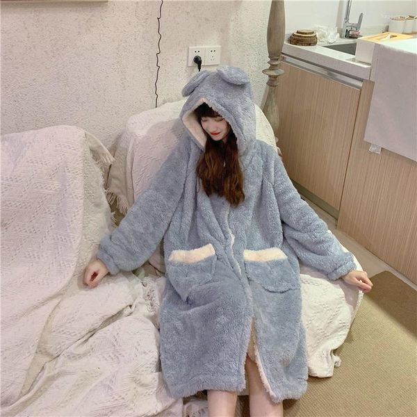 Vêtements de nuit pour femmes Robe de dessin animé épaissir chemise de nuit à capuche femmes belle flanelle peignoir ample hiver Kimono Robe de chambre vêtements de salon