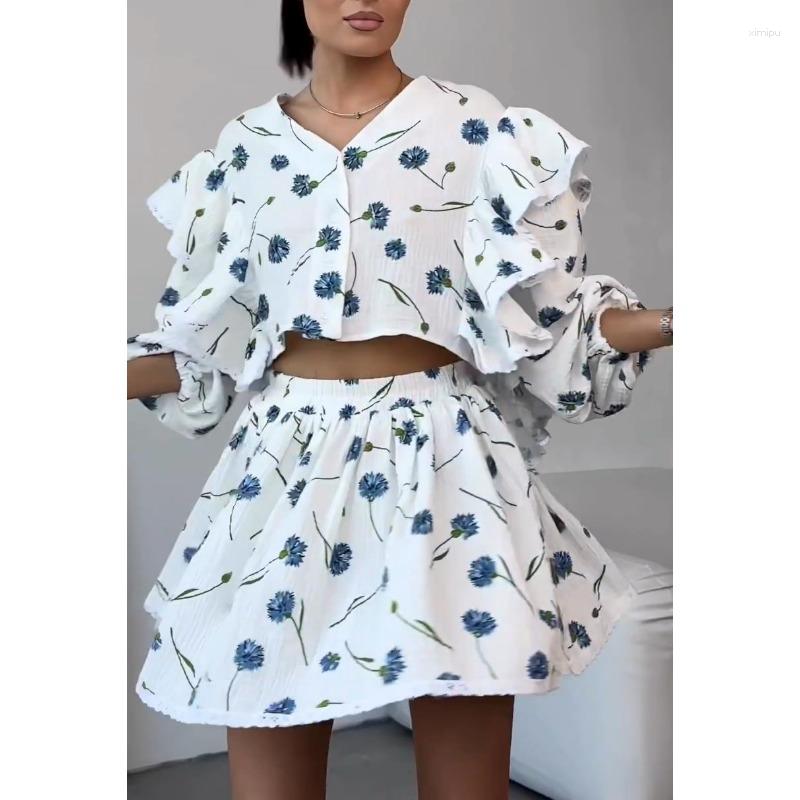 Indumenti da notte da donna Moda casual Manica lunga a lanterna Ruffle Crop Top Gonna Pigiama Set Loungewear Donna Lino Set due pezzi Abiti Homewear