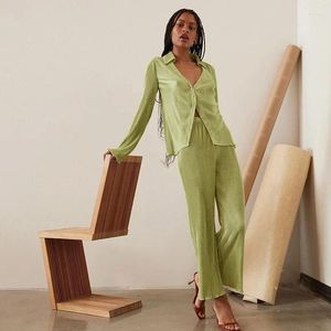 Vêtements de nuit pour femmes, ensemble de maison ample et décontracté, chemise à manches longues avec pantalon taille haute, élégant plissé Beige, 2 pièces, printemps