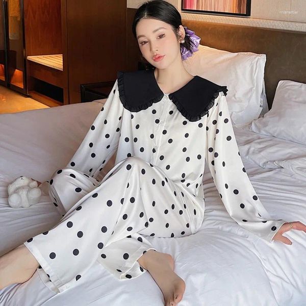 Veillements de pyjamas décontractés pour femmes Set Polka Dot imprimé Satin Sexy Femmes 2 pièces Silky Pyjamas Loungewear Nightwear Spring Shirt Pantal