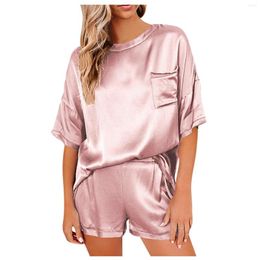 Vêtements de nuit pour femmes, pyjama décontracté de couleur unie, vêtements de maison, Short à manches courtes, ample, costume deux pièces en Satin de soie, vêtements de maison