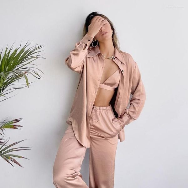 Vêtements de nuit pour femmes Pyjamas d'été décontractés pour femmes 3 pièces Ensemble col rabattu Haut à manches longues Lingerie Soutien-gorge Ensembles féminins avec pantalon Solide