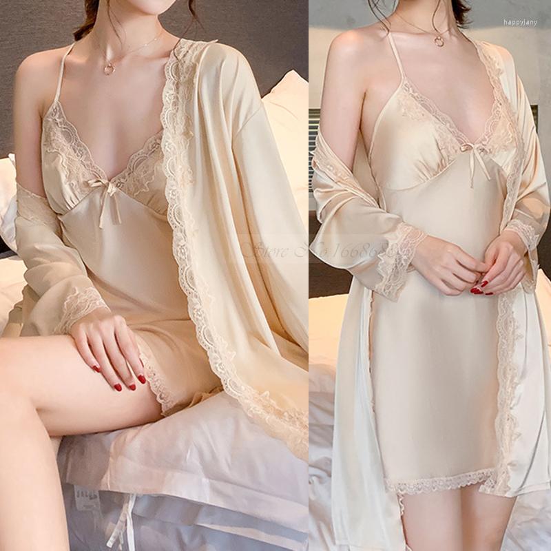 Champagne Lace Twinset Robe Set for Women - Sexy Backless satin nightdress and robe with Suspender Detail, Satin Finish - Perfect for Weddings and Home Wear