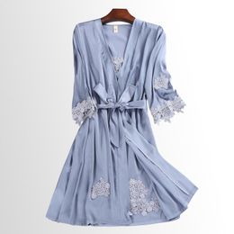 Vêtements de nuit pour femmes charmant Satin Robe ensemble 2 pièces Mini col en v ceinture Kimono Robe Femme été décontracté mince fausse soie à manches longues peignoir