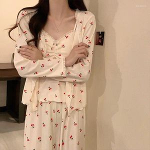 Ropa de dormir para mujer Conjunto de pijamas de estilo coreano de cereza para el hogar 3 piezas de encaje de manga larga Piiama otoño primavera conjuntos 2023