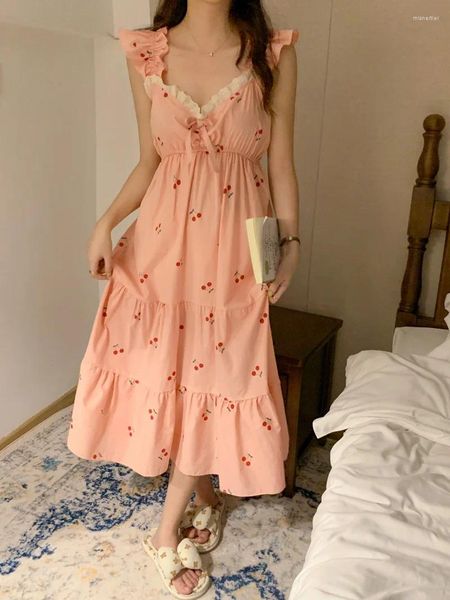 Vêtements de nuit pour femmes Cherry Print Nightgown Femmes Rose Sans manches Été Sexy Sleepdress Sweet Princess Coton Chemise de nuit Dentelle Spaghetti Strap