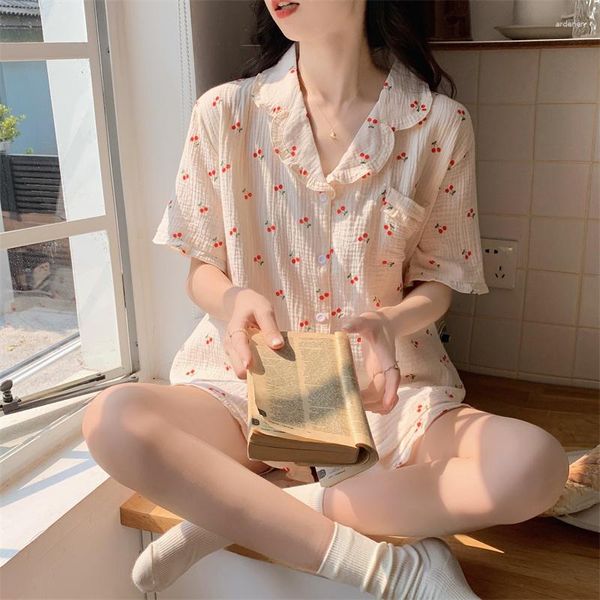 Vêtements de nuit pour femmes Cherry Summer Pyjamas Set Kawaii Single Breasted Shirts Short Cotton Casual Two Piece Home Suit Pocket Ruffles