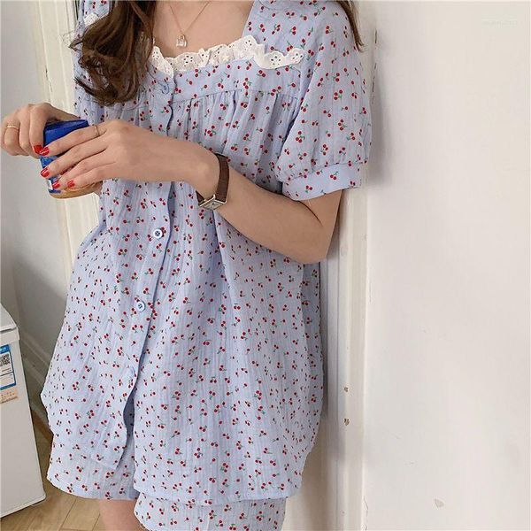 Roupa de dormir feminina Cherry Conjunto de shorts de pijama de verão coreano Pijama de renda de manga curta Loungewear Pijama de 2 peças para noite