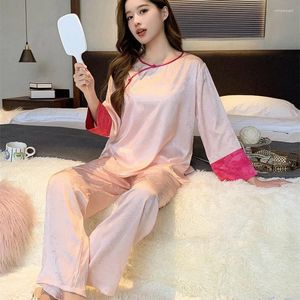 Vrouwen Nachtkleding Chinese Jacquard Satijn Vrouwen Pyjama 2 Stuks Trui Broek Pyjama Casual Nachtkleding Lente