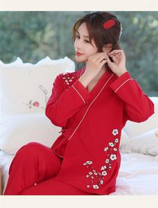 Dames slaapkleding Chinese retro rood geprinte pyjama's Pak Women Cotton Herfst Huiskostuum Lange mouwen veter bovenaanbroeken Set klassiek