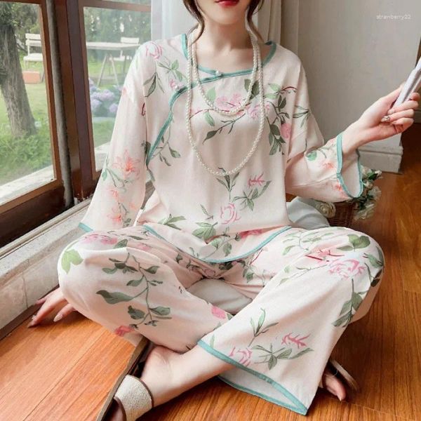 Vêtements de nuit pour femmes Style chinois Femme Pyjamas Ensemble Imprimer Été Femmes Soyeux Satin Pijamas Costume Col Rond Nightsuits Vêtements À La Maison