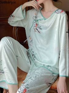 Vêtements de nuit pour femmes Style chinois imprimé pyjama ensembles femmes en vrac S-4XL Vintage loisirs conçu élégant dames nouveau printemps vêtements de nuit mince Chic HomeL231109