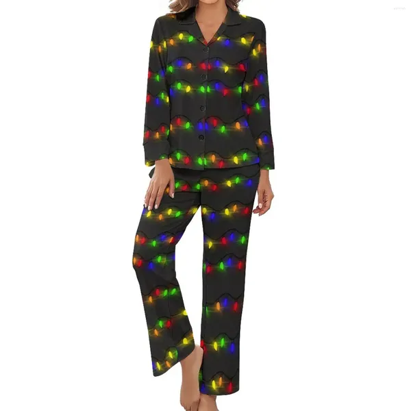 Vêtements de nuit pour femmes Pyjamas de lumières de Noël Automne 2 pièces imprimé coloré jolis ensembles de pyjama dame à manches longues col en V conception de chambre à coucher