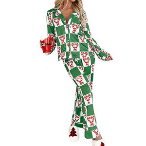 Nachtkleding voor dames Kerstpyjama's voor dames Nachtkleding Dambord Candy Cane Print Single Breasted Tops en broeken met lange mouwen Loungewear 231213