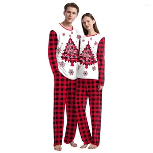 Vêtements de nuit pour femmes Arbre de Noël Imprimer Père Noël Pyjamas Ensembles pour couples Automne Hiver Casual Femmes O Cou À Manches Longues Pantalon À Carreaux Pijama