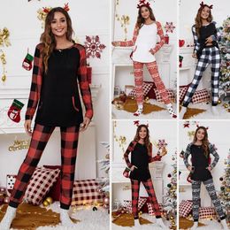 Ropa de dormir para mujer Navidad Dos piezas Moda Mujeres Conjuntos de pijamas Impreso Manga larga Camiseta suelta Top Pantalones a cuadros Traje Casual Ropa para el hogar