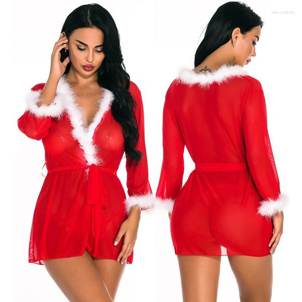 Vêtements de nuit pour femmes Uniforme de Noël Européen Américain Sexy Chemise de Nuit Cardigan Manches Longues Robe de Jeu Simple Naturel