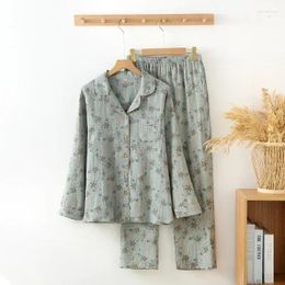 Vêtements de nuit pour femmes Collier imprimé Set House Pyjamas Dames Vintage Pantalon à manches longues Porter des femmes Printemps Automne Fleur Turn-Down Coton