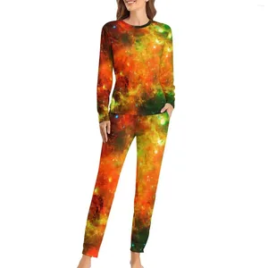 Dames slaapkleding kleurrijke sterrenhemel nebula pyjama's galay print tweedelige slaap thuispak dame lange mouw mooie oversized