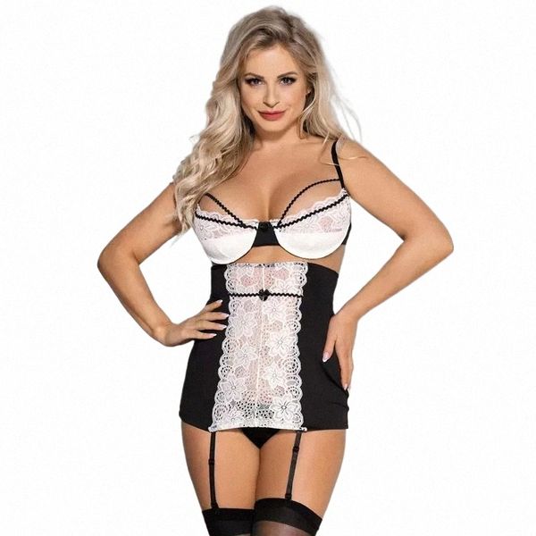 Vêtements de nuit pour femmes Comeondear Porno Lingerie Sous-vêtements Nuisette Ouvert Plus Taille Noir Blanc Dentelle Mesh Sexy Babydoll Pour Femmes Langerie Set G5HW #