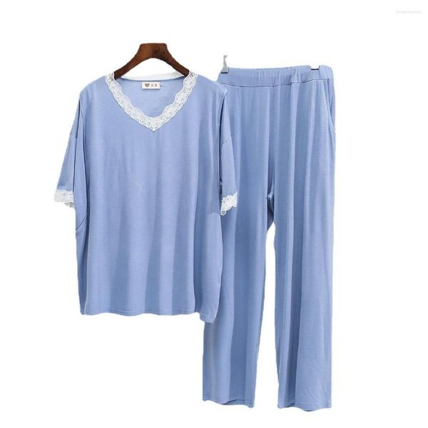 Vêtements de nuit pour femmes Vêtements de confinement Ouverture latérale Allaitement Femmes Modal Dentelle lâche Col V Bouncy Pantalon à manches courtes respectueux de la peau