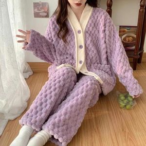 Vêtements de nuit pour femmes Pyjama en molleton de corail Ensembles Femmes Hiver Flanelle Épais Pijamas Casual Homewear Filles Violet Pyjama Costume 2pcs / Set Lo