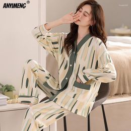 Vêtements de nuit pour femmes Coton Automne Printemps Kimono Col V Femmes Pyjamas Ensemble Manches Longues Femme Casual Revers Homesuits Ins Floral Pijamas