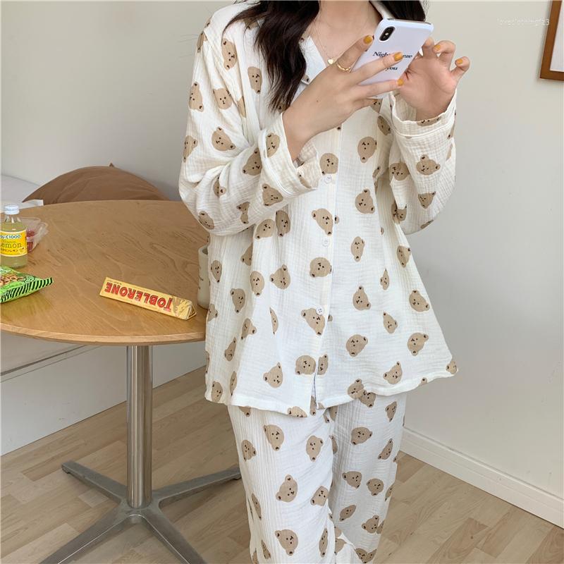 Damen-Nachtwäsche, Baumwolle, Bärendruck, Frühlings-Pyjama-Set für Frauen, koreanische Kawaii-Cartoon-Strickjacken, Hosenanzüge, zweiteiliger Heimanzug