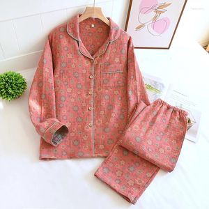 Dames slaapkleding katoen dubbele laag garen geverfde jacquard pyjama's voor lange mouwen thuiskleding hoogwaardige los passende pyjama set