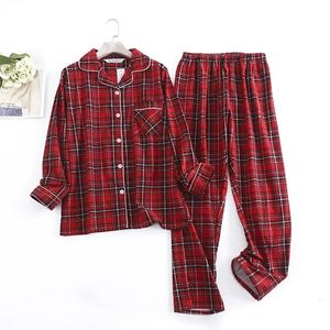 Dames nachtkleding katoenflanel lange broek pyjama sets voor geruit ontwerp losse herfst- en wintermouwen broekpakken 231031