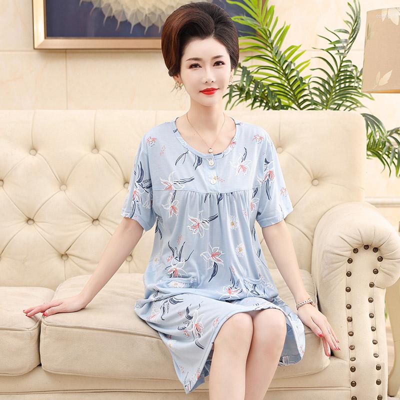 Pijamas femininos algodão floral impressão o-pescoço noite vestido de manga curta doce camisola casa roupas primavera verão feminino M-4XL