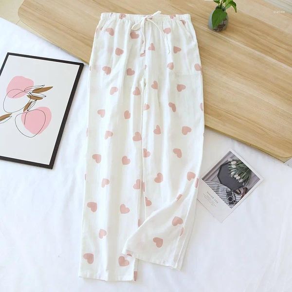 Ropa de dormir para mujer Gasa de algodón Pantalones para el hogar Señoras delgadas Blanco Rosa Tamaño grande Primavera y otoño Verano Pantalones para el hogar Casual Suelto