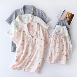 Ropa de dormir para mujer, pijamas de verano de gasa de algodón, conjunto de 2 piezas, ropa de casa con estampado de melocotón de manga corta para mujer