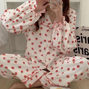 Ropa de dormir para mujeres Pajama coreano de algodón para mujeres pijamas estampado de fresa set mujer 2 piezas lindo salón