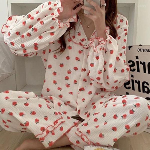 Ropa de dormir para mujeres Pajama coreano de algodón para mujeres pijamas estampado de fresa set mujer 2 piezas lindo salón