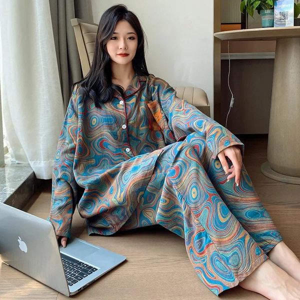 Vêtements de nuit pour femmes Coton Coréen Pyjamas Femmes Automne Plus Taille 5XL Impression Pyjamas À Manches Longues Pijama Femme Ensemble Negligee Cardigan Costume