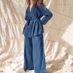 Vêtements de nuit pour femmes coton lin femmes pyjama Robe ensembles à lacets à manches longues 2 pièces chemise de nuit survêtement décontracté pantalon costumes