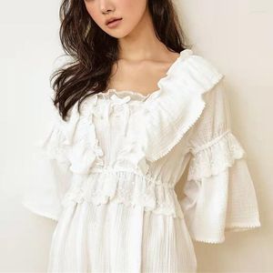 Vêtements de nuit pour femmes coton chemise de nuit princesse belle cour pyjama ensemble dame dentelle Sexy maison vêtements solide col en v crêpe Pijamas femmes