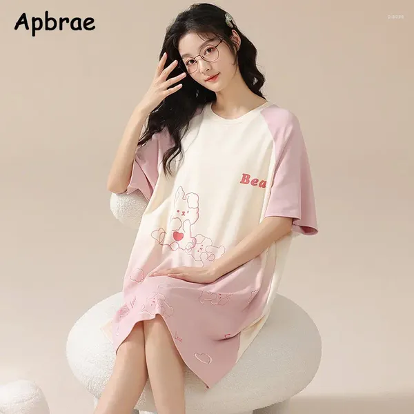 Ropa de dormir de las mujeres Camisón de algodón Verano de alta calidad Kawaii Mujer Vestido de noche Cuello redondo Camisones para las mujeres Falda de moda suave