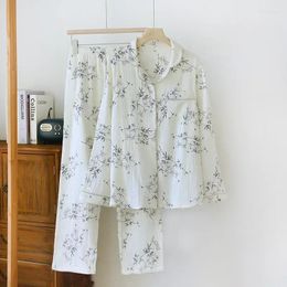 Pyjama de coton pour femmes en coton à manches longues Automne dames 2 pcs avec pantalon floral imprimé simple pijama pour femme