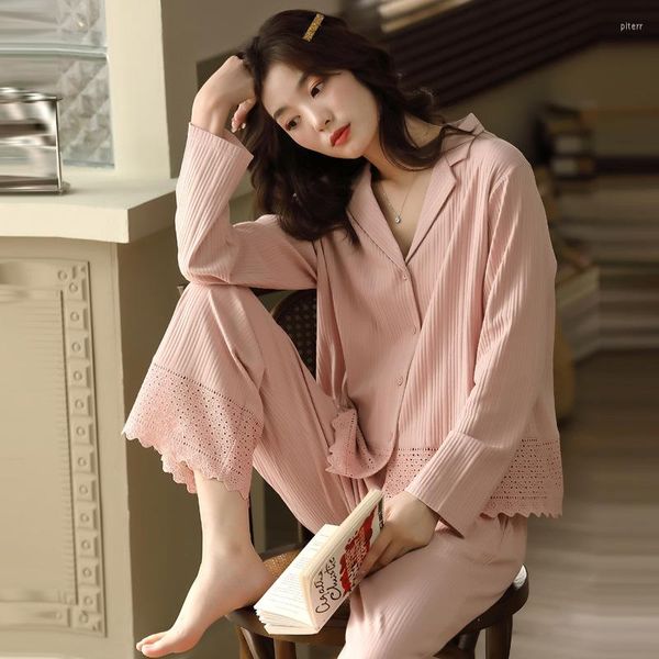 Ropa de dormir para mujer Pijamas de algodón Mujeres Primavera Otoño Cálido Largo Cardigan Nightie Estilo Coreano Color Sólido Casual Calle de gran tamaño Mujer