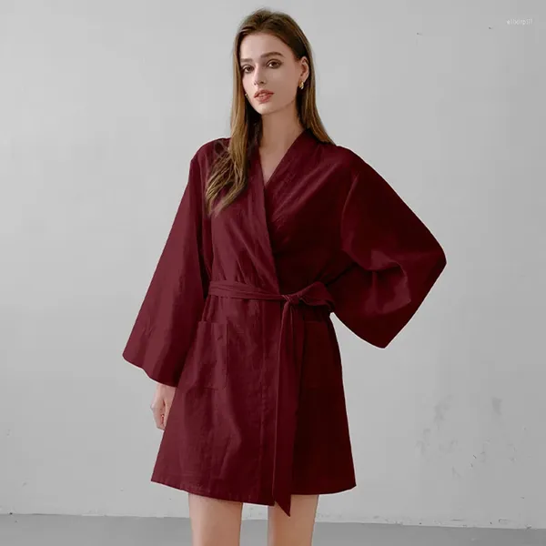 Vêtements de nuit pour femmes Robe en coton Vêtements de nuit Cardigan décontracté en vrac Kimono Couleur unie Peignoir minimaliste Femmes Lingerie intime Homewear