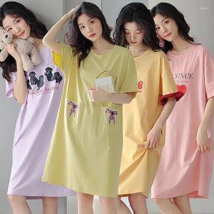 Vêtements de nuit pour femmes, chemise de nuit en coton à manches courtes pour femmes 2024 été coréen mignon nœud robe de nuit chemise de nuit dames maison nuisette