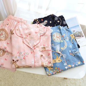 Dames Nachtkleding Katoen Zijde Dames Pyjama Set Lange mouwen Broekpak Dun Lente/zomer Koreaanse Herten Revers Rayon Dames Los