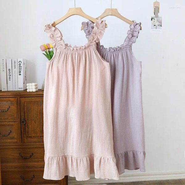 Vêtements de nuit en coton pour femmes, écharpe fine, 2 couleurs, doux et mignon, mi-long, robe de nuit pour femmes, pyjama de maison, chemises de nuit, été 2023