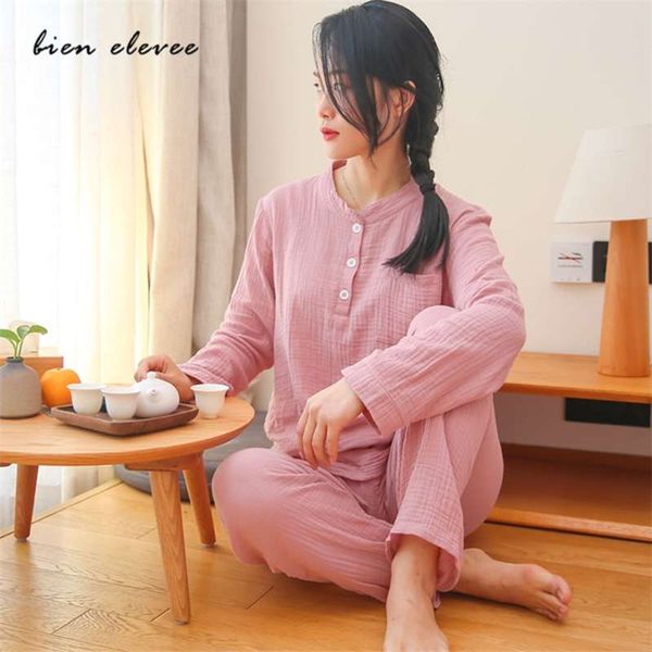 Dames Nachtkleding Katoenen Garen Pyjama Sets Watergewassen Slaappakken Vrouwelijke Lange Mouwen Crêpe Garen Thuis Kleden Lounge Wear Roze 210928