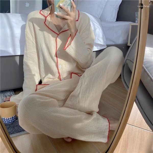 Vêtements de nuit pour femmes Pyjamas en fil de coton pour femmes coréennes 2 pièces ensemble Pijama automne vêtements confortables maison mignon salon vêtements de chambre