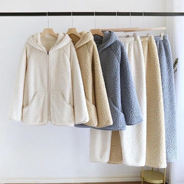 Ropa de dormir para mujer, ropa de dormir con capucha para parejas, pijamas de lana de Coral, traje de manga larga, ropa para el hogar, ropa de dormir cálida para invierno, pantalones sueltos