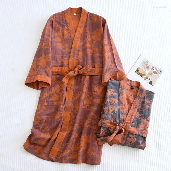 Ropa de dormir para mujer Pareja Camisón Gasa de algodón Tela jacquard Ropa para el hogar Mangas largas Cinturón suelto Albornoz Estilo japonés Bata kimono